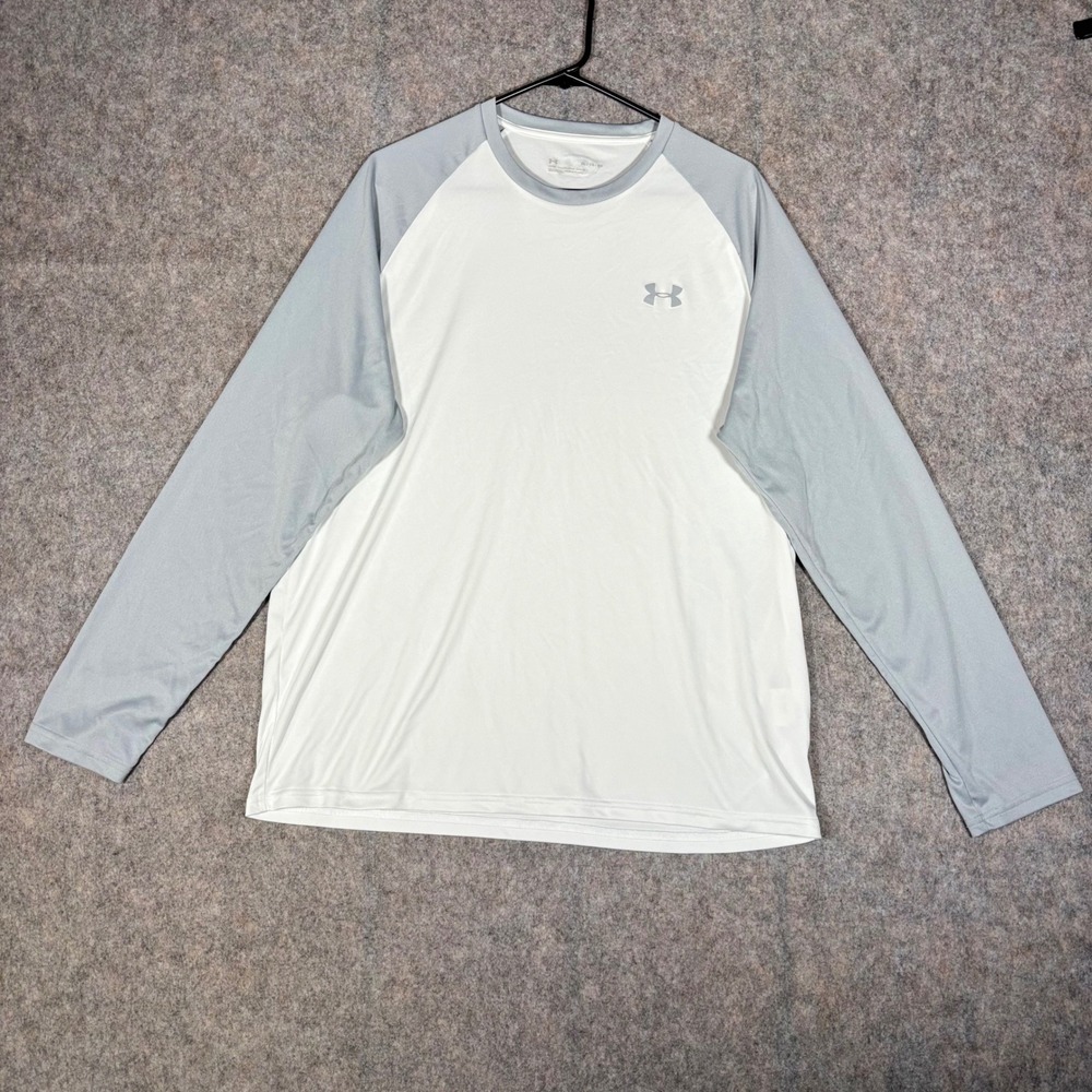 Under Armour Long Sleeve Shirt Mens XL White Gray Raglan Loose Fit HeatGear Tee